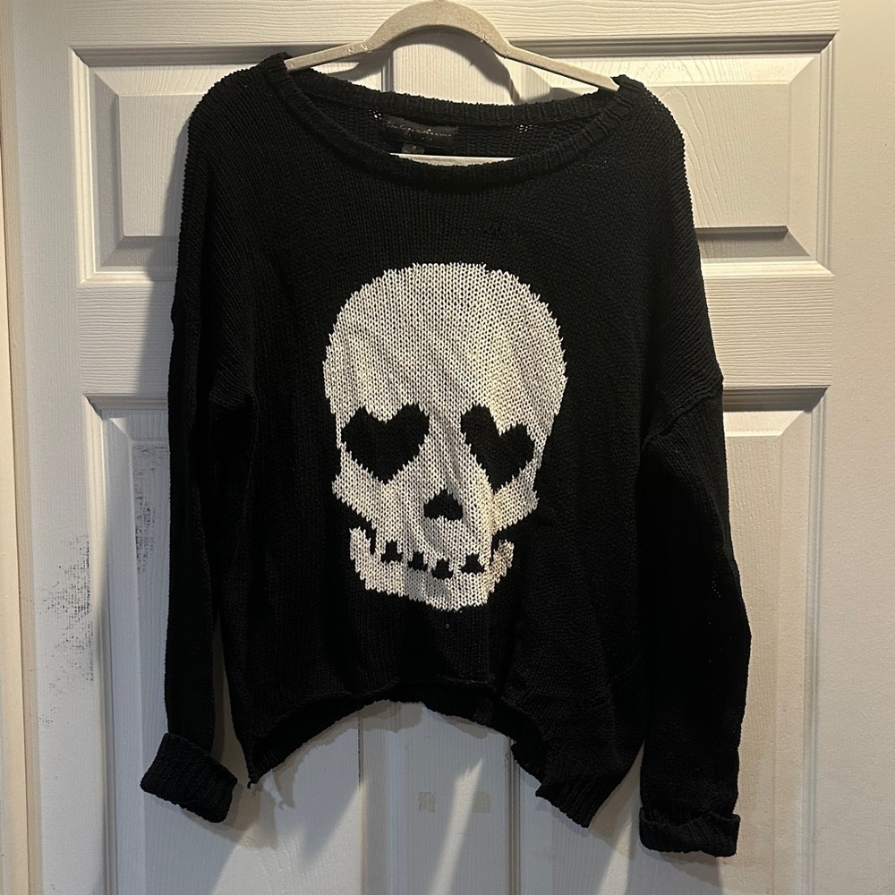 Y2K Vintage Havana Oversized Loose Knit Off Shoulder Skull Sweater M Goth Punk